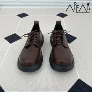 여성 4cm 라운드 레이스업 둥근코 통굽 플랫로퍼 브라운