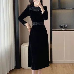 스팽글 포인트 프릴넥 벨벳 롱원피스 연말모임