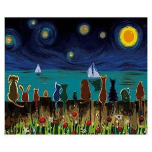 OH-M 명모던화 유화그리기 A-324 야간 고양이와 개 40x50