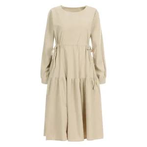 여성 FW 신상 라운드 넥 허리 끈 골덴 캉캉 스웨이드 롱 원피스 EGG-WDR-20061-베