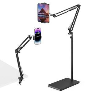 11파운드 안정적인 베이스 및 책상 클램프가 장착된 MMCRZ 태블릿 바닥 스탠드 조절 가능한 높이 신축성 암 스위블 듀얼 홀더 아이폰 호환 호환 아이패드 호환 PRO AIR MINI 삼성제품 호환 킨들 휴대폰 4 5 13