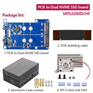 라즈베리 파이 5 PCIE-M.2 듀얼 NVME SSD HAT용 블루 PCB MPS2280D  케이스 Pi5 냉각 선풍기