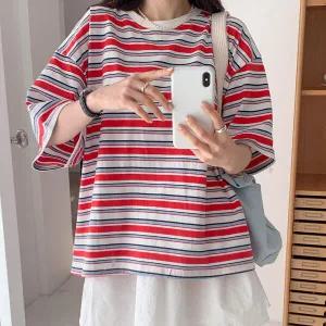 /옷자락 여자 단가라반팔티 면 티셔츠