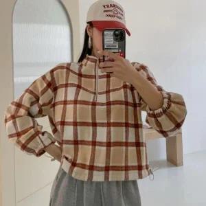 [브이와이][VY] 여자 하프집업 크롭맨투맨 스토퍼 바람막이 격자 긴팔티_11072