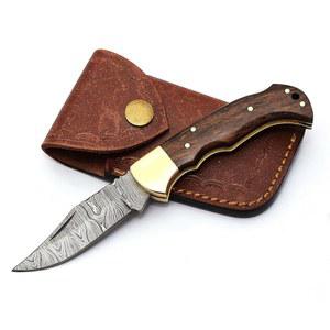 스카이 나이프 6 5인치 수제 다마스쿠스 스틸 접이식 사냥용 나이프, 캠핑, 생존, 가죽 칼집을 사용한 야외 활동용 포켓 로즈우드