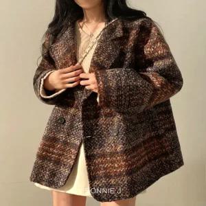 [보니제이]아웃포켓 봄 가을 더블 체크 하프코트 레트로 여성 기