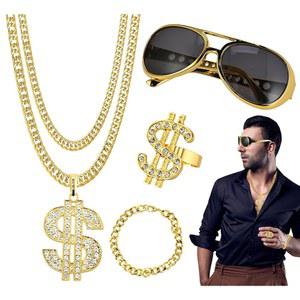 할로윈 파티를 위한 남성 여성용 80년대 및 90년대 힙합 의상 키트 - 골드 체인 팔찌, 펑크 선글라스, 달러 사인 핑거 링 목걸이