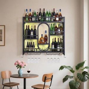 39인치 와인 랙 벽, LED 조명 장착, 3단 블랙 바 선반 벽 주류병 진열대, 주방 다이닝 룸 장식용 랙(블랙)
