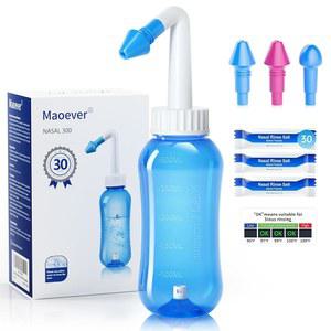 MAOEVER Neti Pot Sinus 헹굼 병 코 세척 압력 비강 관개용 성인 및 BPA 300ML, 소금 패킷 30개 스티커 (파란색)