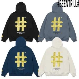 빈트릴 BEENTRILL 옐로우 테이핑 해시태그 오버핏 후드티 BA233HM001