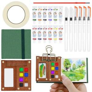 미니 휴대용 수채화 팔레트 세트 12가지 물감, 나무 격자 페인트 상자, 스케치북, 마스킹 테이프, 브러시 펜 및 바인더 클립 6개 포함 여행용 세트