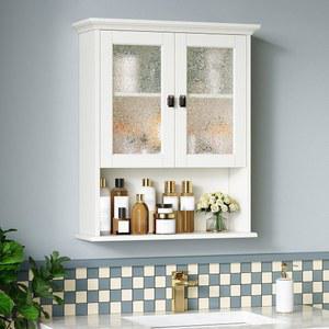 바즈틴 욕실 캐비닛 벽걸이, 유리문 내장형 스피릿 레벨 찬장이 있는 화장실 수납장 위 욕실 세탁 주방 거실용 약장(크림 화이트)