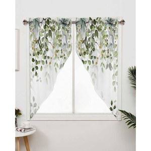 리터 스타 유칼립투스 스프링 스웨그 밸런스 커튼 여름 녹색 잎 막대 포켓 주방 수채화 식물 창문 토퍼 거실 침실 장식용 작은