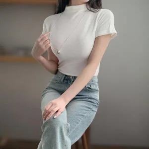 [하프클럽/]여성 기모 반팔 티셔츠 레이온 스판 무지컬러 반목 디자인