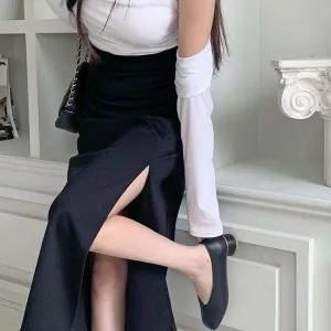 [하프클럽/]여성용 일상 사이드 슬릿 레이온 스판 롱 스커트