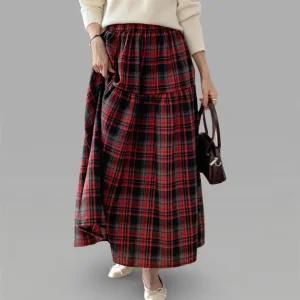 여성 후레아 큰사이즈 격자 플래이드 티어드 긴치마 포켓