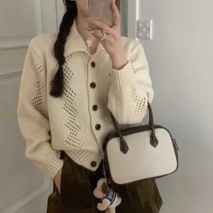 여성 카라넥 단추오픈 펀칭 긴팔 니트 가디건 21DS-WCD-4990-아이보리