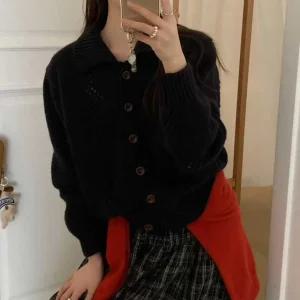 여성 카라넥 단추오픈 펀칭 긴팔 니트 가디건 21DS-WCD-4990-블랙