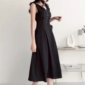 여성용 진주버튼 블랙 브이넥 민소매 롱 드레스