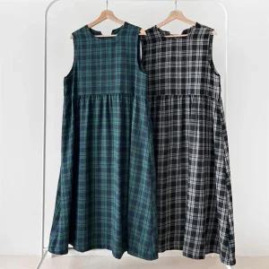 여성 가을 체크 민소매 롱드레스 속기모 데이트웨어