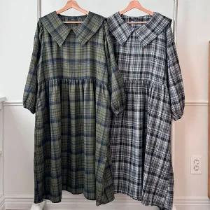 [하프클럽/]여성 임산부 퍼프카라 롱 박스 격자 원피스