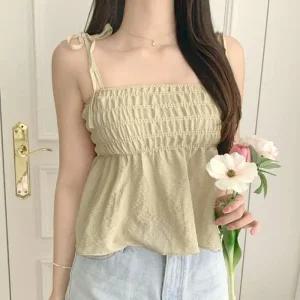 [아우트]뷔스티에 블라우스 리본 플레어 휴양지룩