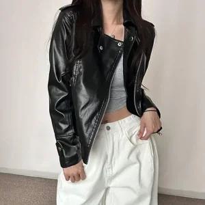 [아우트]블랙 여자자켓 유광 크롭 레더 라이더자켓