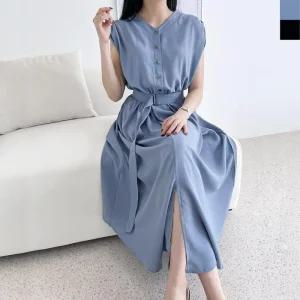 [아우트]캡소매 여신캡소매 밴딩롱원피스-벨트포함