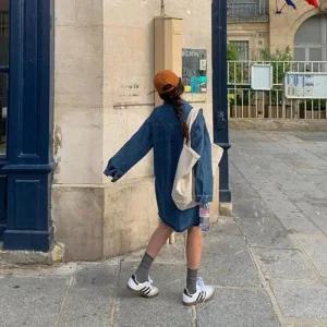 [아우트]미디 스커트 데님 포켓 긴팔 셔츠원피스