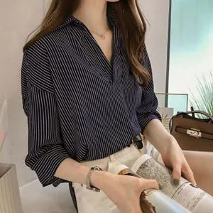 [아우트]단추 스트라이프 여성데일리셔츠 셔츠 7부