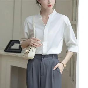 [아우트]셔츠 F007538_브이차이나카라 셔링7부소매