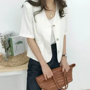 [아우트]노카라 반팔 자켓 반팔재킷 린넨 브이넥