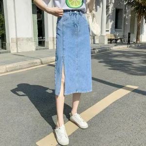 [아우트]중청 트임 스커트 롱데님스커트 청치마