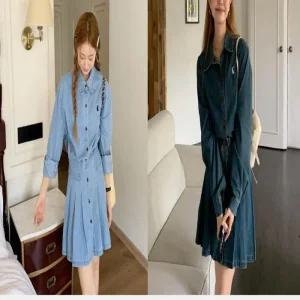 [아우트]원피스 긴팔데님 보세 플리츠 미니원피스