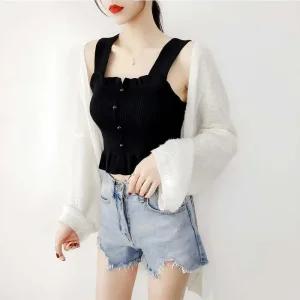 [아우트]단추 레이어드룩 스퀘어넥 콩 크롭 민소매