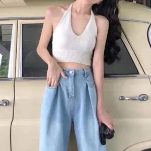 [아우트]여자 홀터넥 여름 봄 바캉스 흰색 민소매