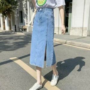 [아우트]절개 데님 롱스커트 데일리룩 청치마 1P