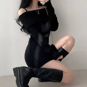 [아우트]골지 오프숄더원피스 슬림핏 니트 원피스