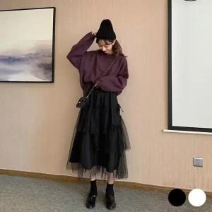 [아우트]옆 리본 끈 롱 데님 레이스 스커트 3단