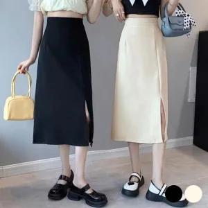 [아우트]데님스커트 찰랑 트임 치마 밴딩 롱 스커트