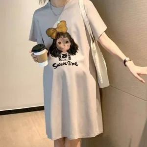 사랑스럽고 깜찍한 노랑 리본 소녀 프린팅 라운드넥 미디 원피스 여유로운 핏 임산부 원피스