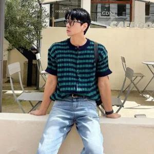 라운드 여름 스트라이프 니트 남자반팔가디건