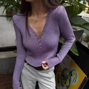 여성 골지 브이넥 단추 크롭 긴팔 니트