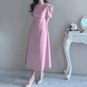 [엘린무드]비슈누 벨벳 백 리본 배색 뒷브이 A라인 플레어 롱 퍼프 반팔 연말 원피스 3COLOR _P350028753