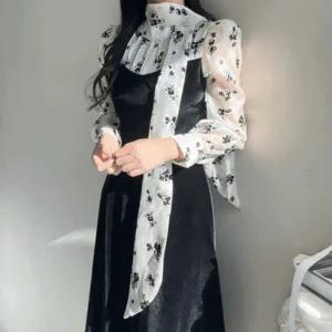 [엘린무드]샤인즈 벨벳 시스루 타이 리본 머메이드 롱 하객 연말 원피스_P351363262