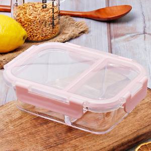 직사각 유리 2칸 나눔 반찬통 핑크 중