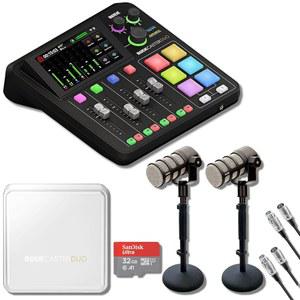 로드 포드믹 다이내믹 팟캐스트 마이크(페어), 로드데캐스터 듀오 커버, 책상 스탠드 2개, XLR 케이블 및 32GB 마이크로SD 카드가 장착된 스트리밍 믹서