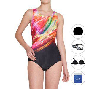 [쿠아로] 여성용 U백 수영복 + 수모 + 수경 + 브라컵 + 비닐백 세트 QRF182S