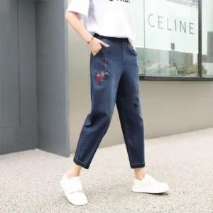 여자 인기 레트로 청바지 여름 감성 자수 배기 데님 (WFHWS7C)