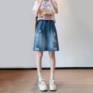 [ 품절임박 -30% ] HP-5599/ M_5XL 빅사이즈 여성청반바지 4부 5부 데님 숏팬츠 허리밴딩 헤짐구제